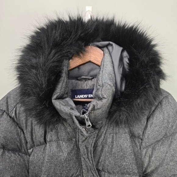 Lands' End Down Quilted Puffer Coat Jacket 3X Heathered Gray Hood Faux Fur - Picture 2 of 15